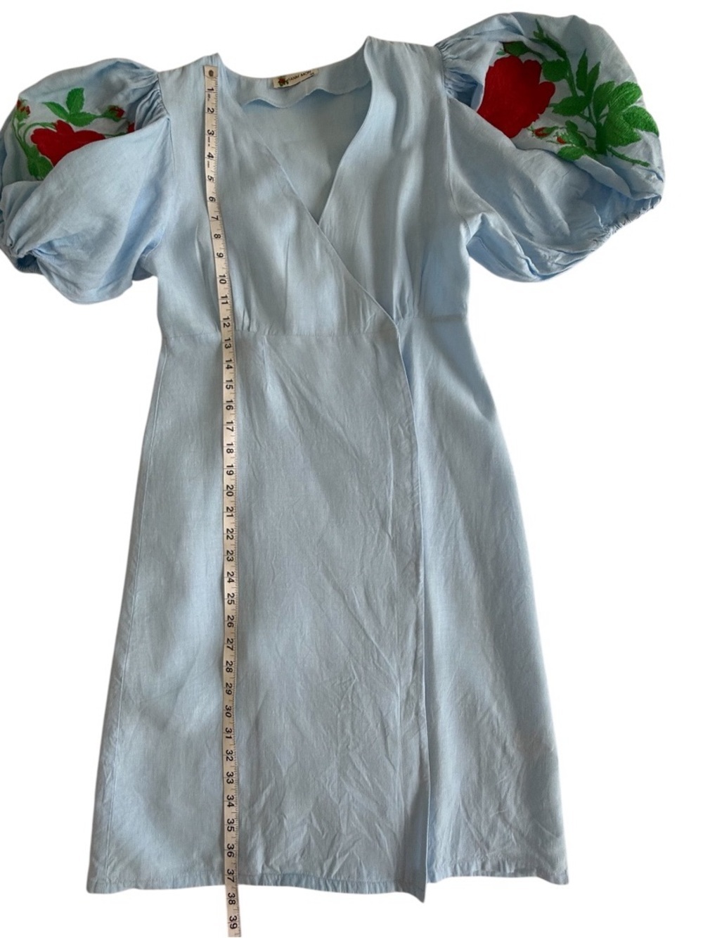 Fanm Mon Nif Linen Mini Dress XS Blue Floral Embroidered Resort Euro Summer - Picture 11 of 13